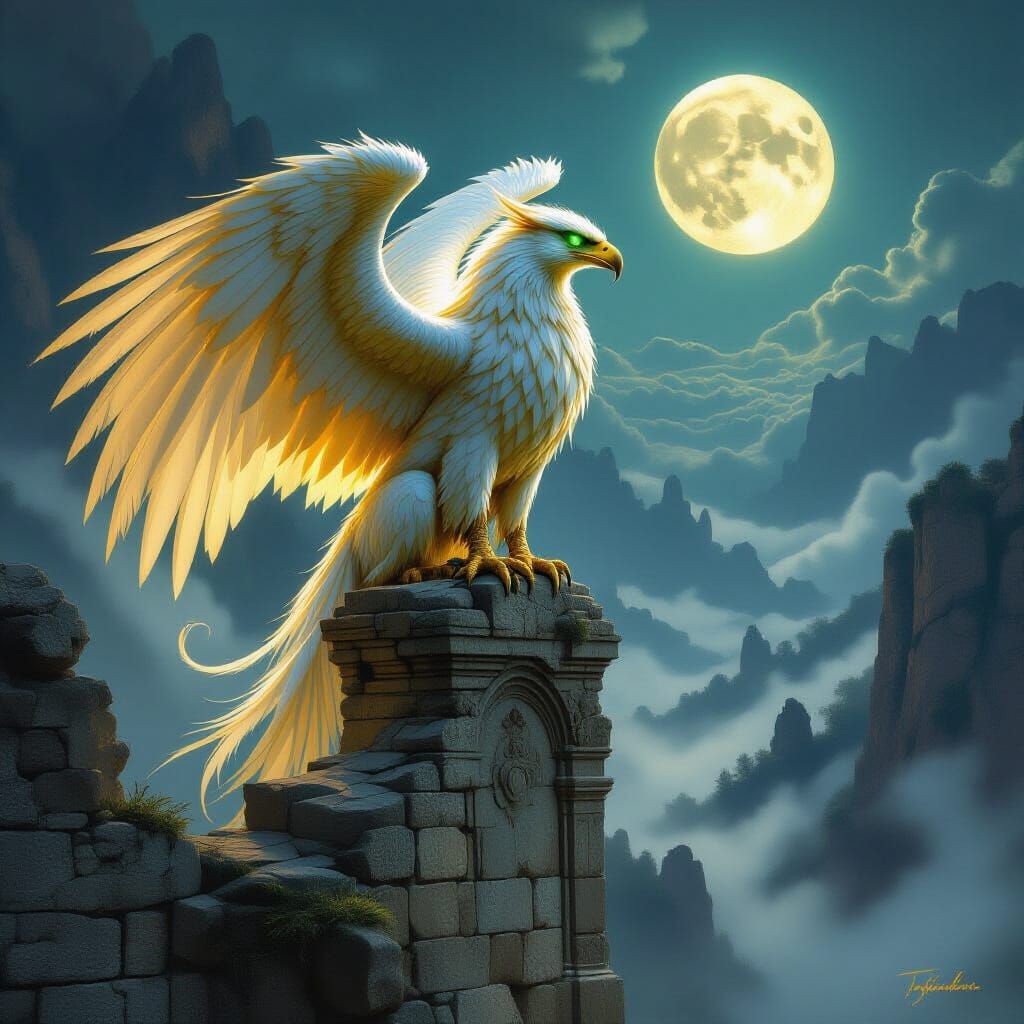 Majestic Griffin on Ruin Under Two Moons, Fantasy Art