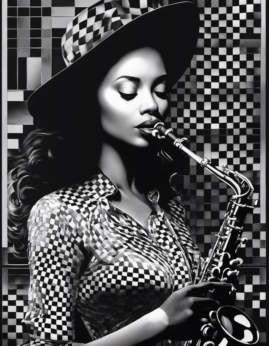 Abstract Checkerboard Woman Playing Saxophone