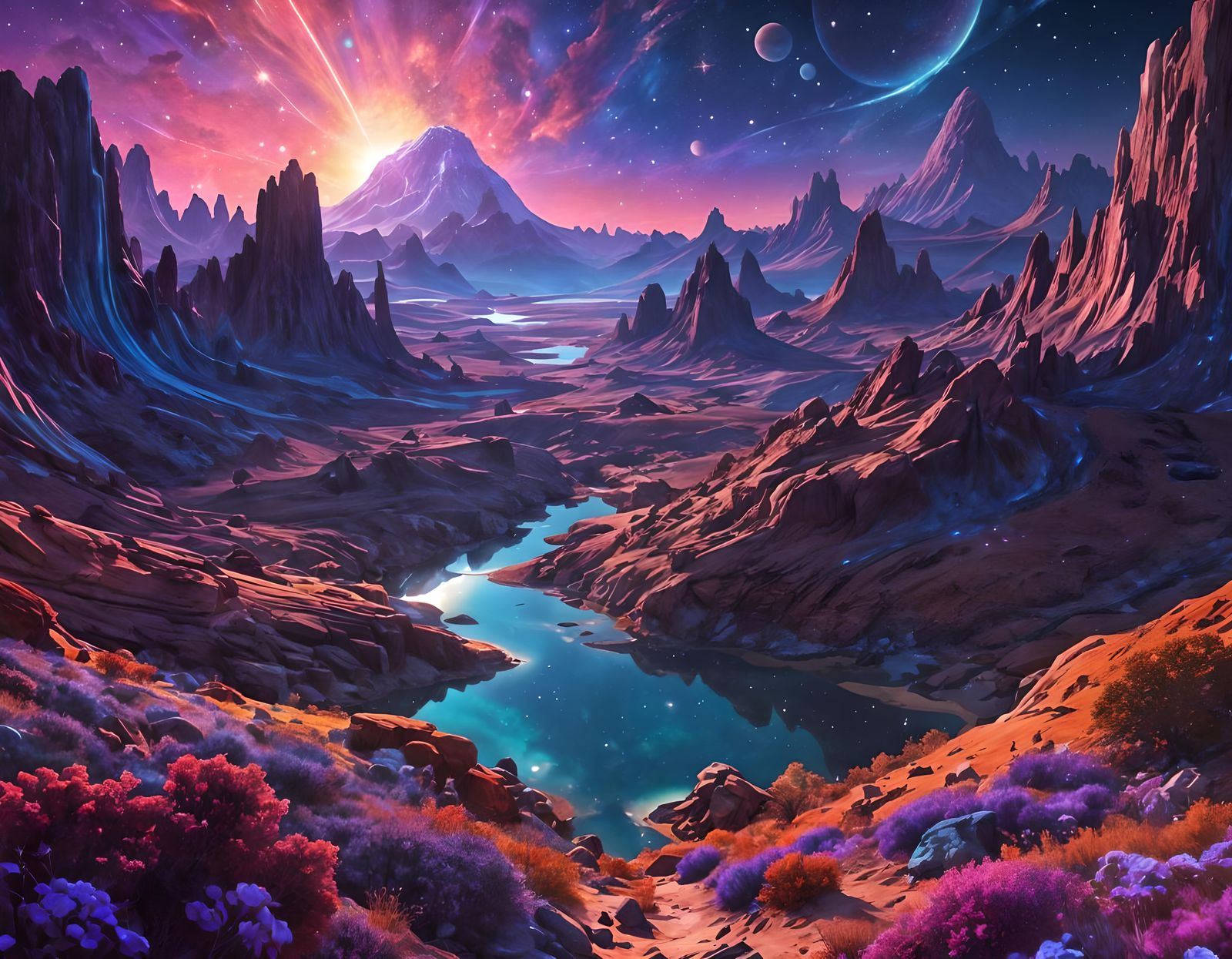 Cosmic Landscape Art in Moebius Style