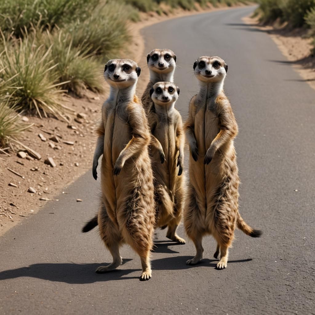 Dapper Meerkats Strutting Down the Road