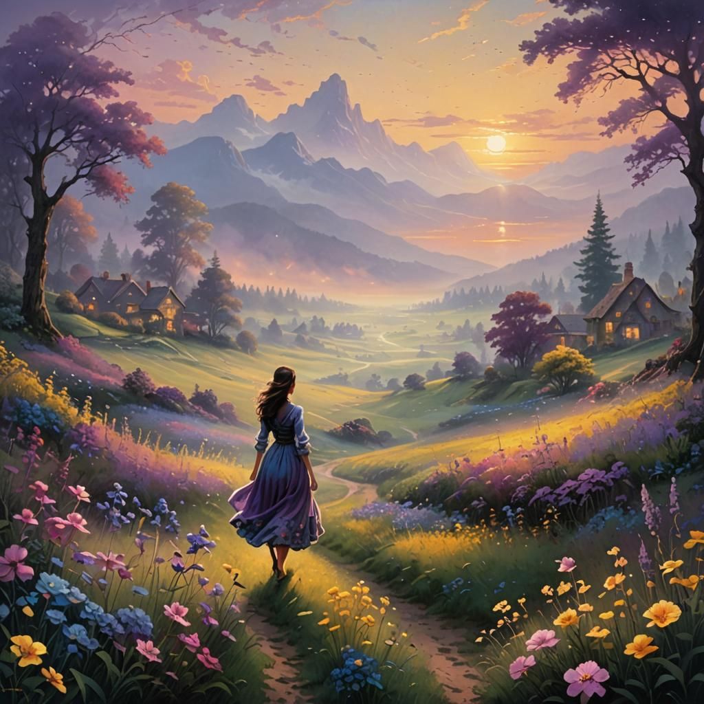 Sunset Meadow: A Hyperdetailed Ethereal Fantasy