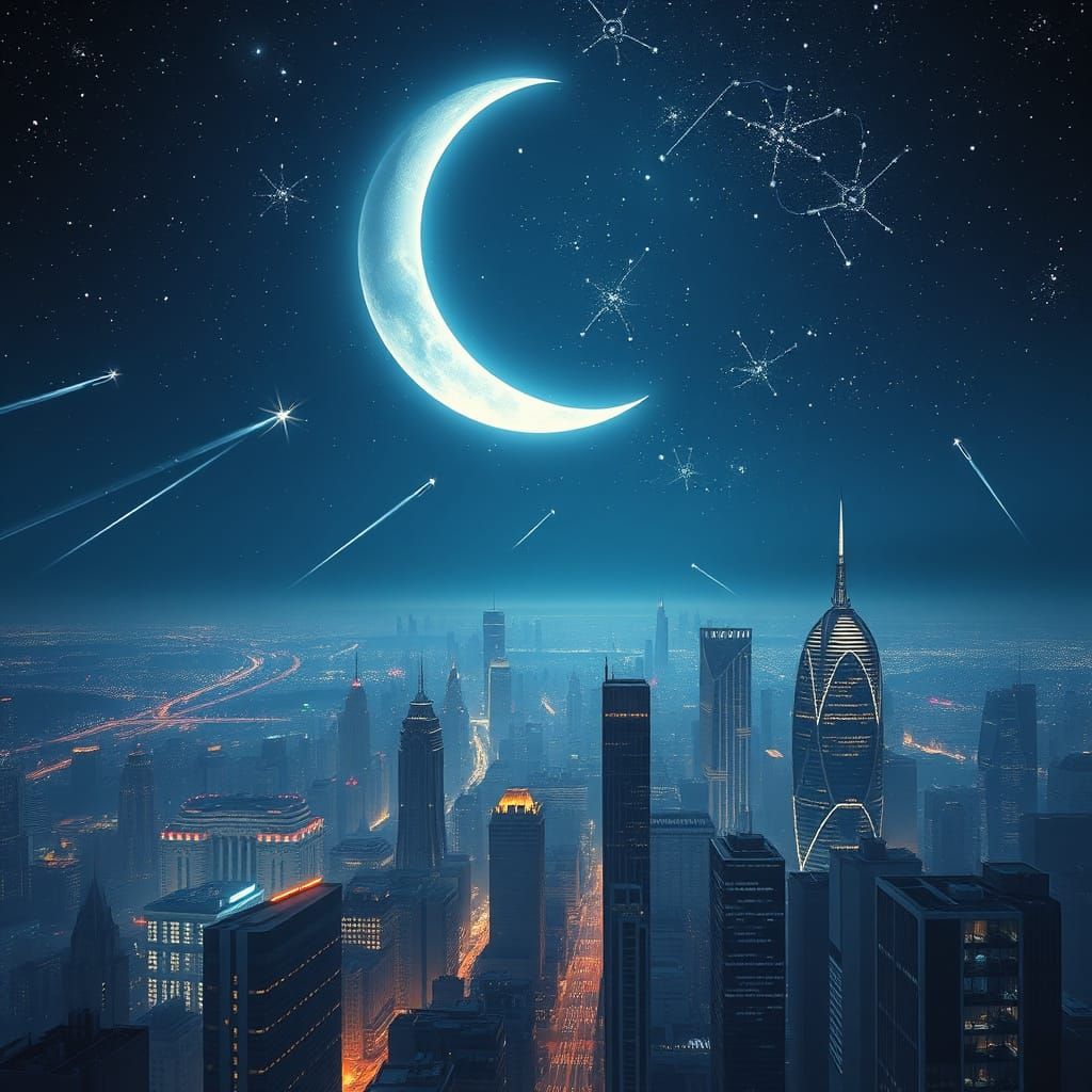 City Under Ethereal Crescent Moonlight