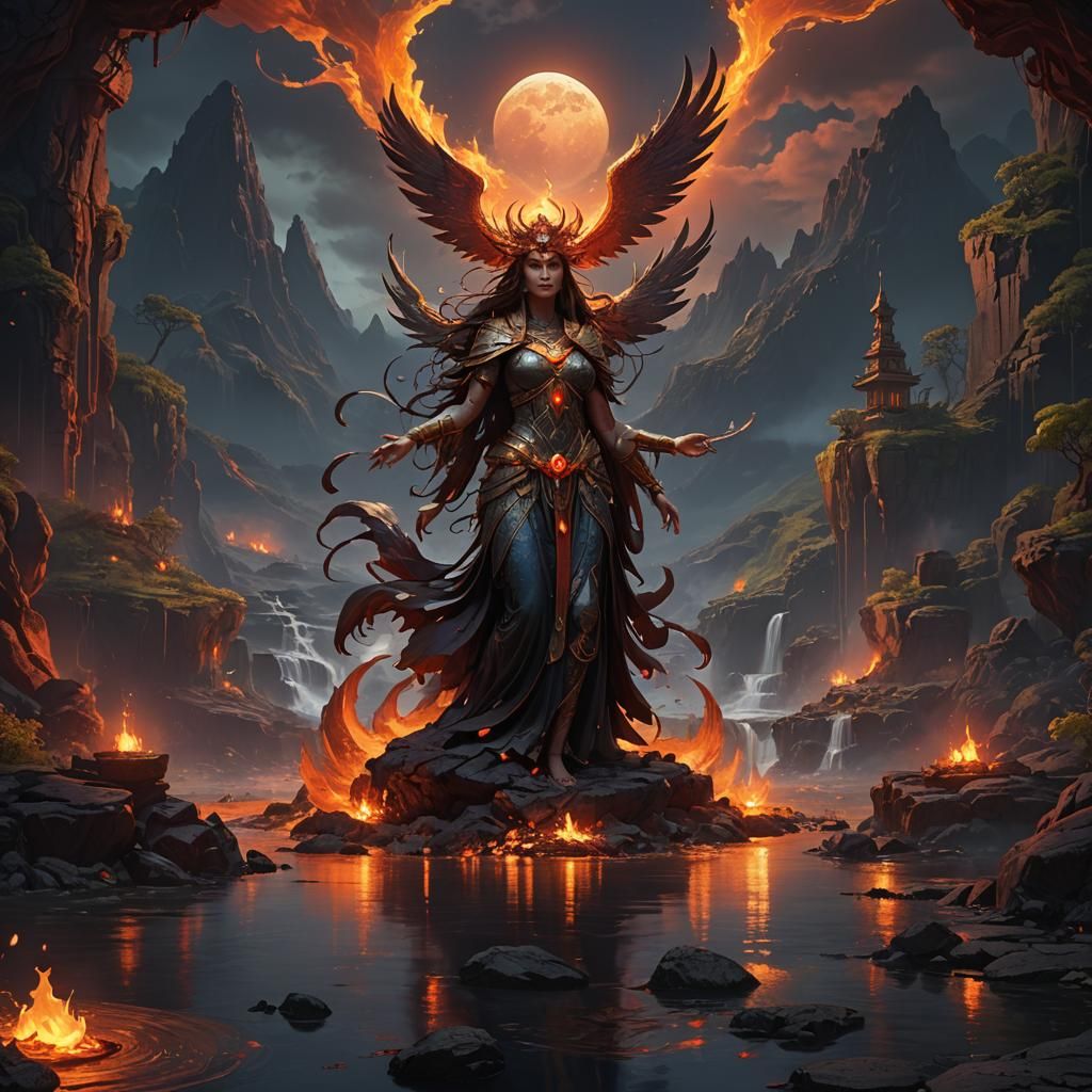 Volcanic Phoenix Shrine with Priestess in Dark Fantasy Style