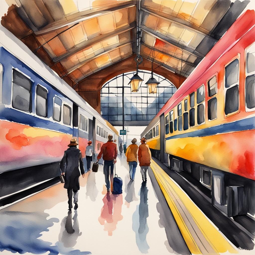 Vibrant Watercolor Painting of a Train Station
