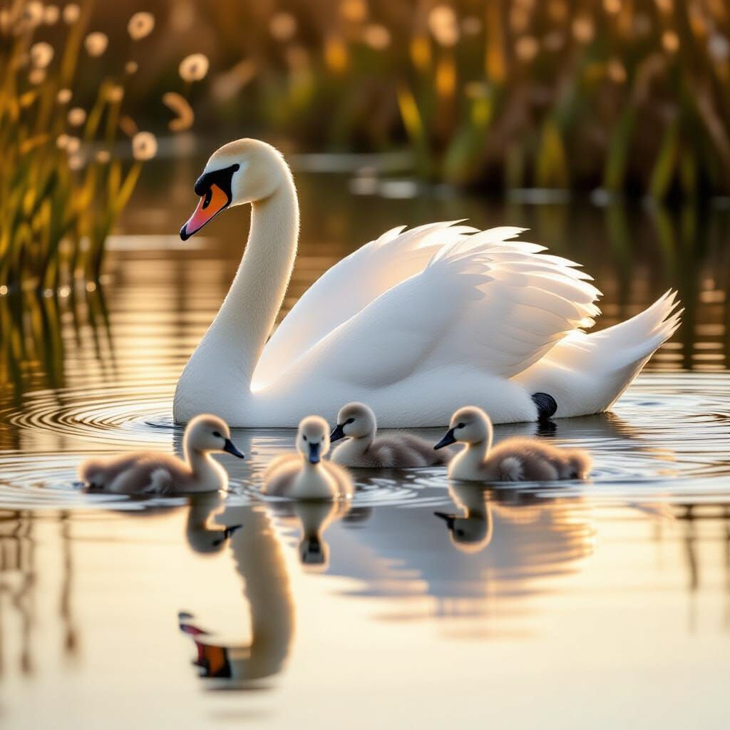 White Swan and Cygnets at Golden Hour