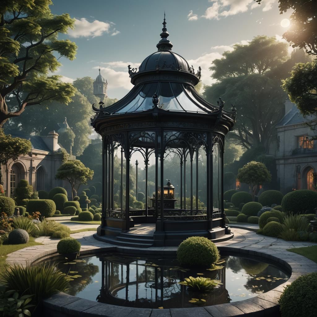 English Pavilion Facing Labyrinth Garden, Matte Painting