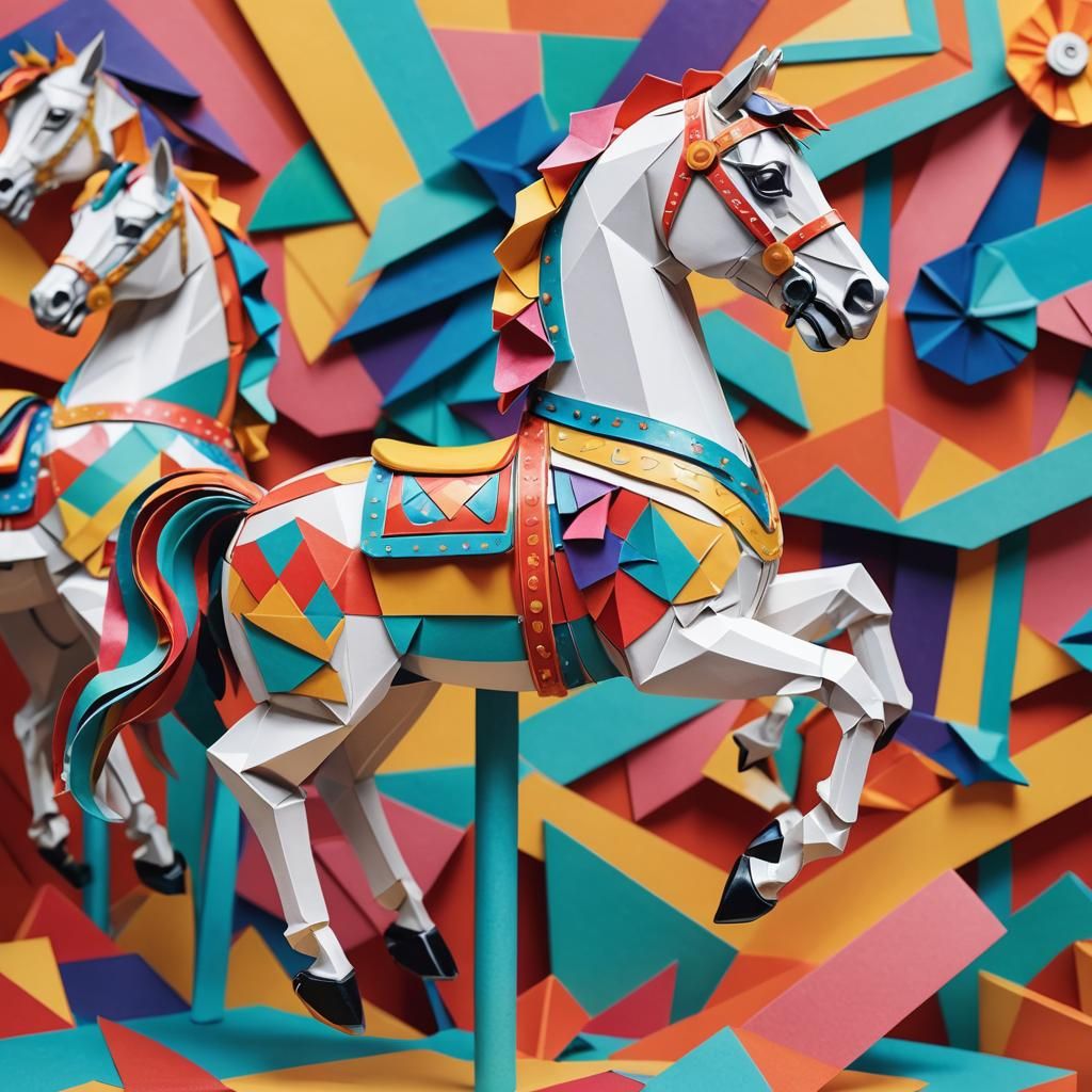 Colorful Carousel Horse Paper Sculpture in Collage Style