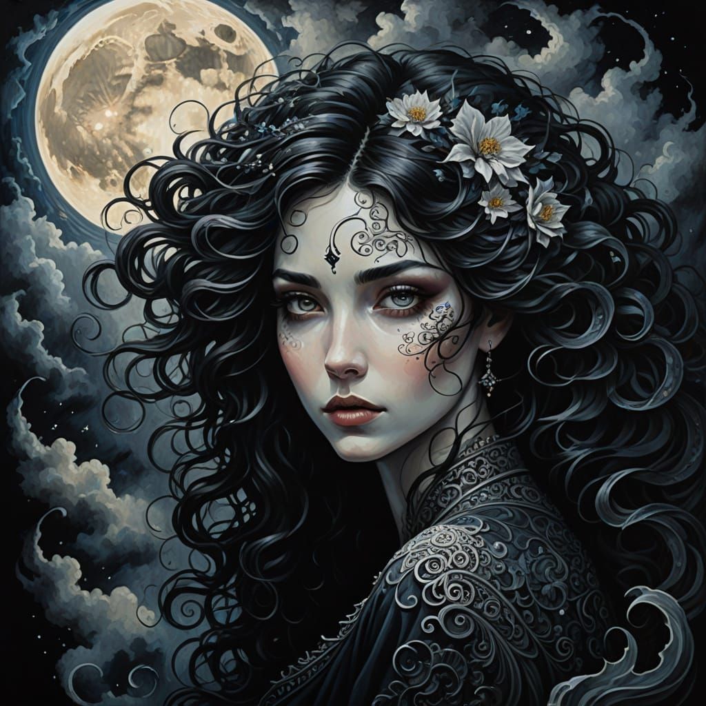 Dark Fantasy Impasto Painting of Woman Under Full Moon