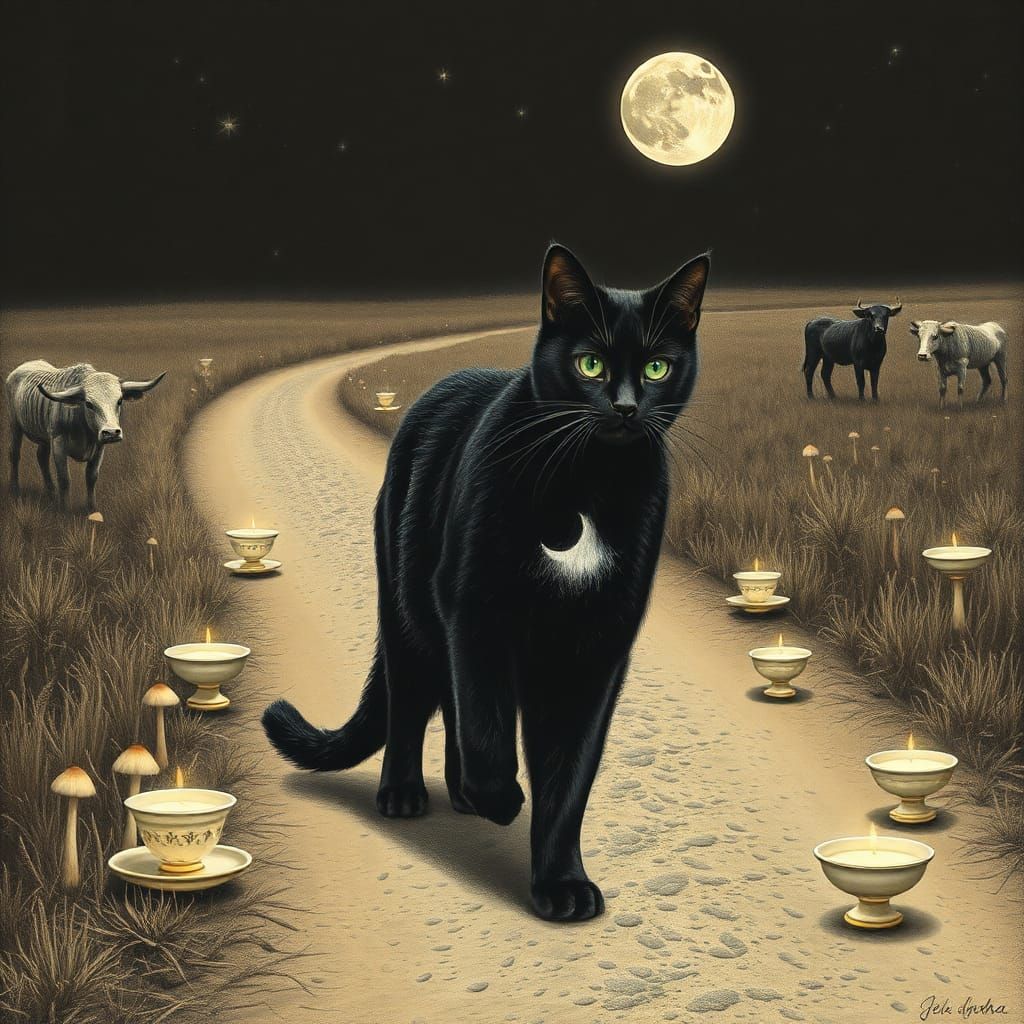 Mystical Black Cat on Serpentine Road in Charcoal Style