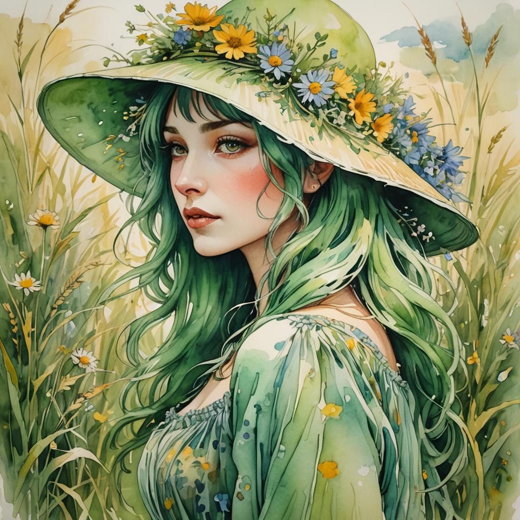 Floral Woman Portrait in Impressionist Watercolor Style