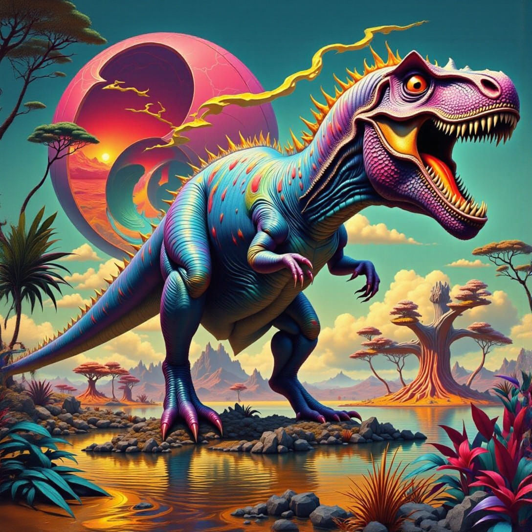 Hallucinogenic image of a dinosaur. Strategy art