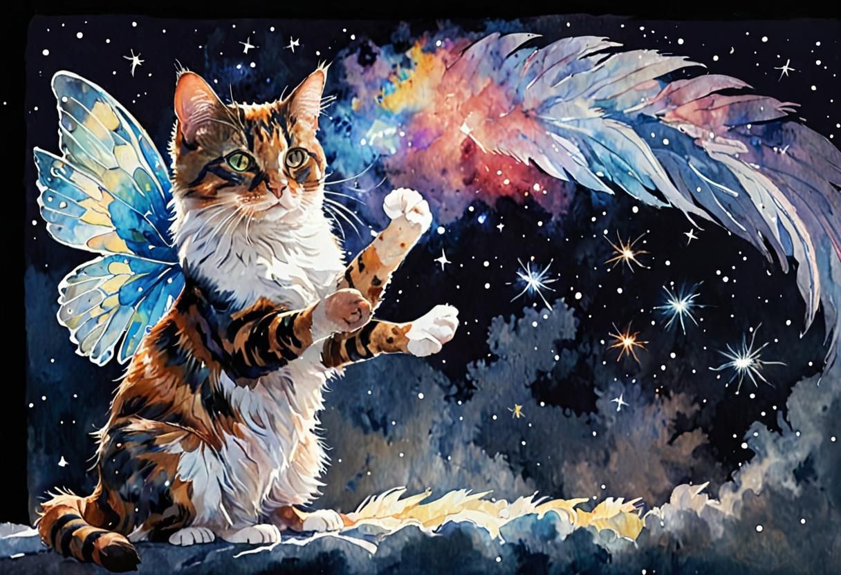 Calico Cat with Angel Wings Watercolor Art
