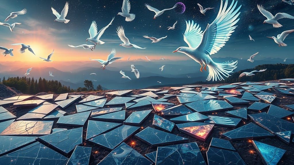 Surreal Dreamscape with Glowing Mirrors and Ethereal Creatur...