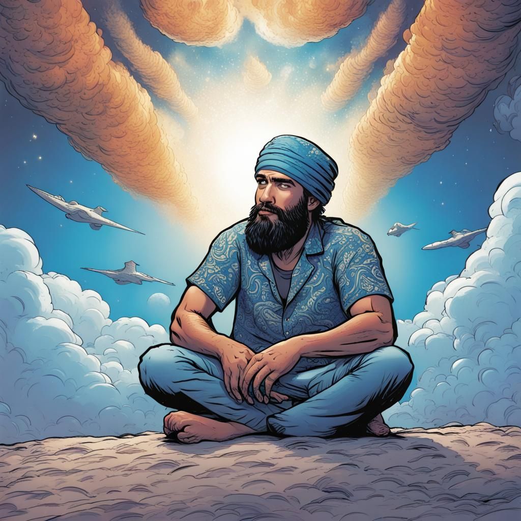 Man on Cloud Stares at Earth: Comic Book Art