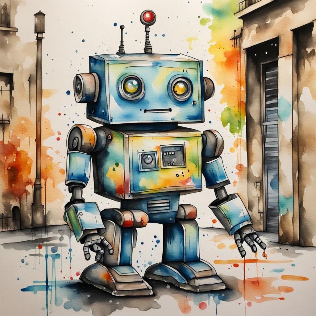 Robot Street Art in Watercolor Graffiti Style