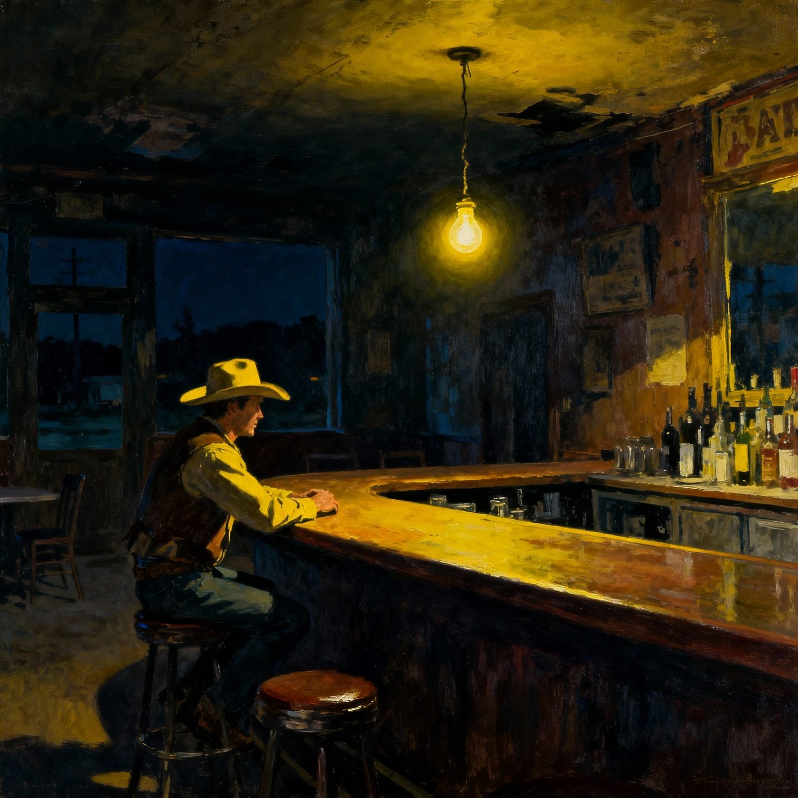 Western Dive Bar at Night in Edward Hopper Style