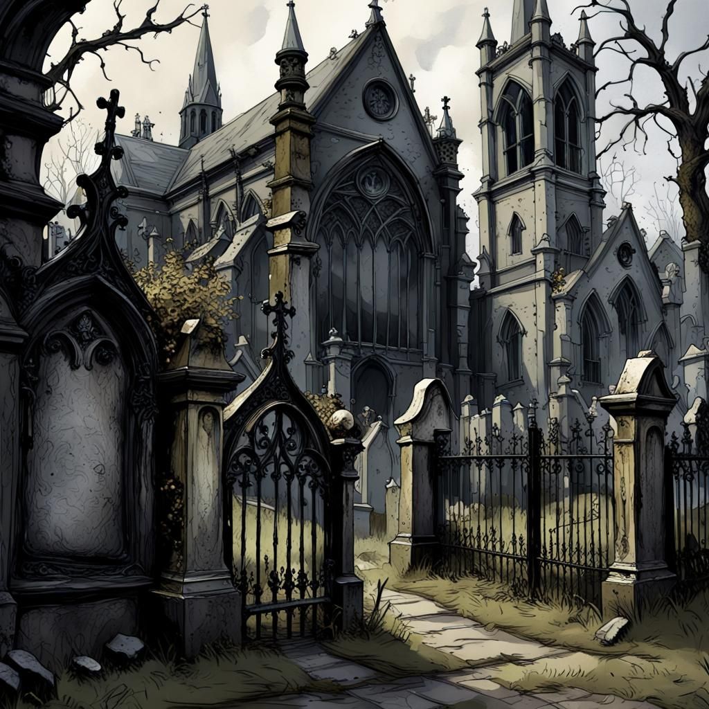 a melancholic Victoria era derelict graveyard in a church ya...