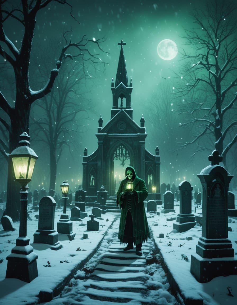 Gothic Skeletal Carolers in Snowy Graveyard