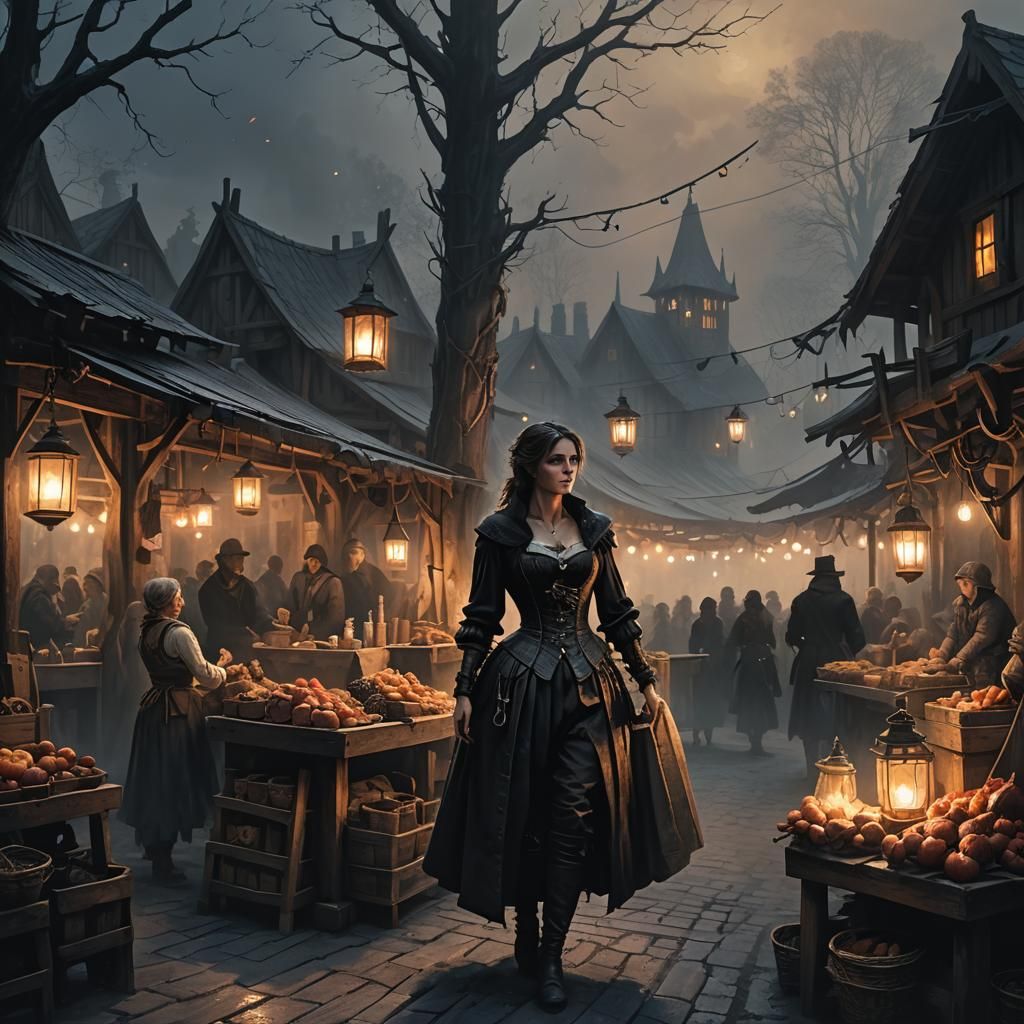 Misty Market Scene in Dark Romanticism Style