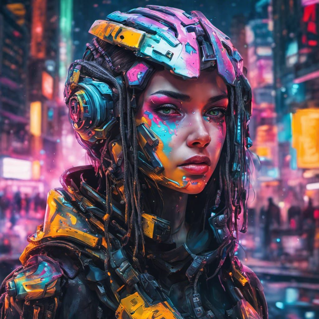 Cyborg Girl Portrait in Neon City Graffiti Style