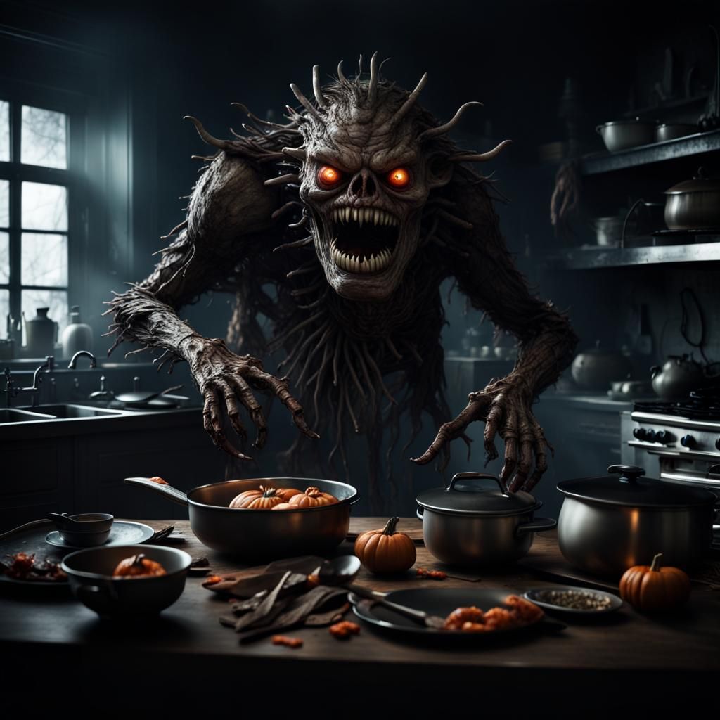 Halloween Kitchenware Monster in Dark Kitchen