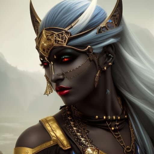 Majestic Dark-Elf Woman Portrait in Hyperrealism