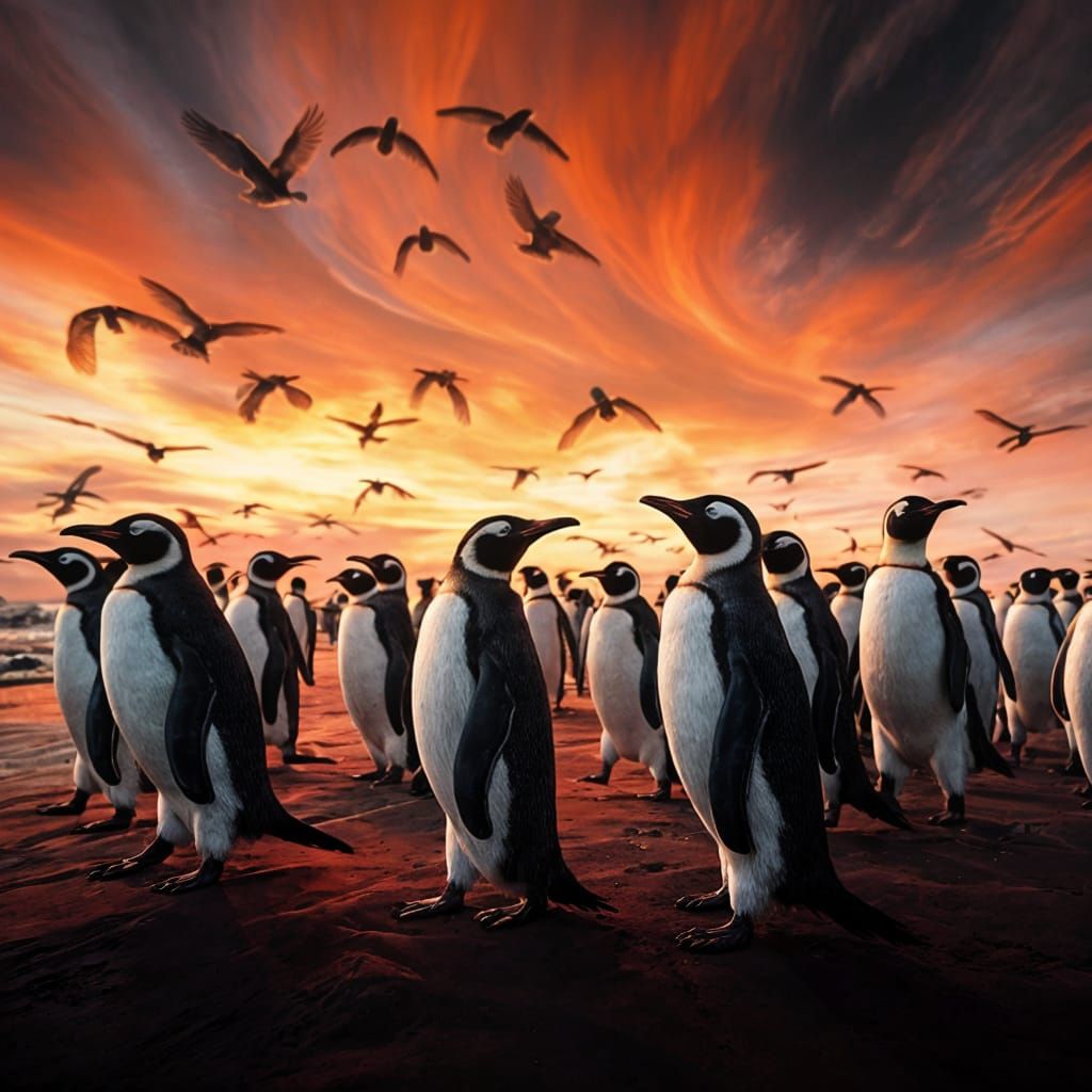 Dreamlike Penguins in Vibrant Sunrise Hues
