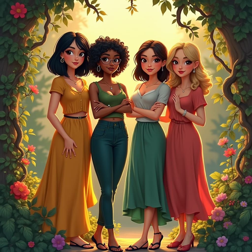 Four Friends in a Lush, Dreamlike Environment