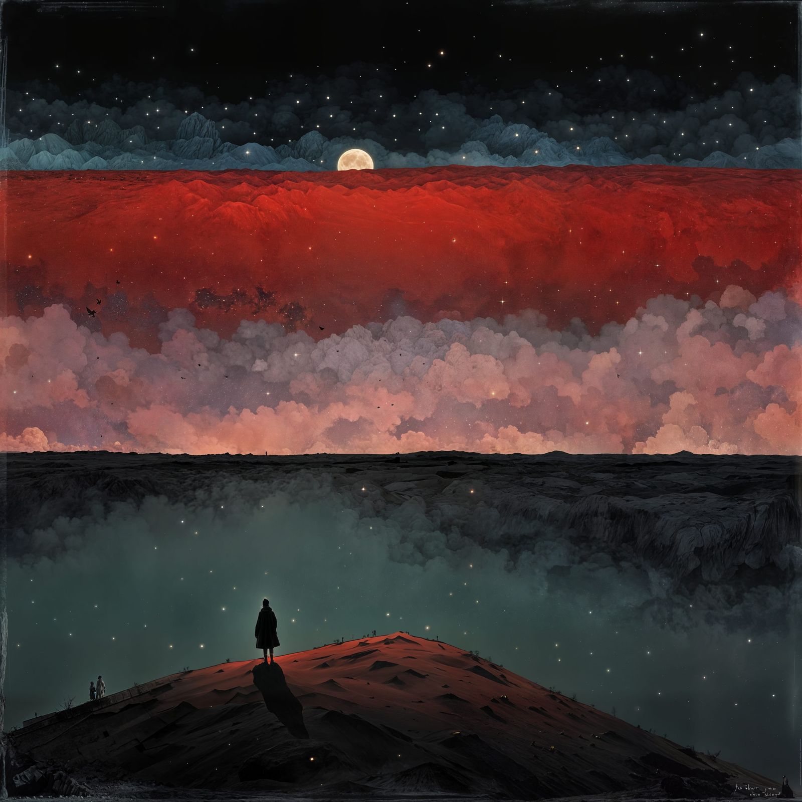 Melancholic Figure Watching Stars Fade in Surreal Landscape