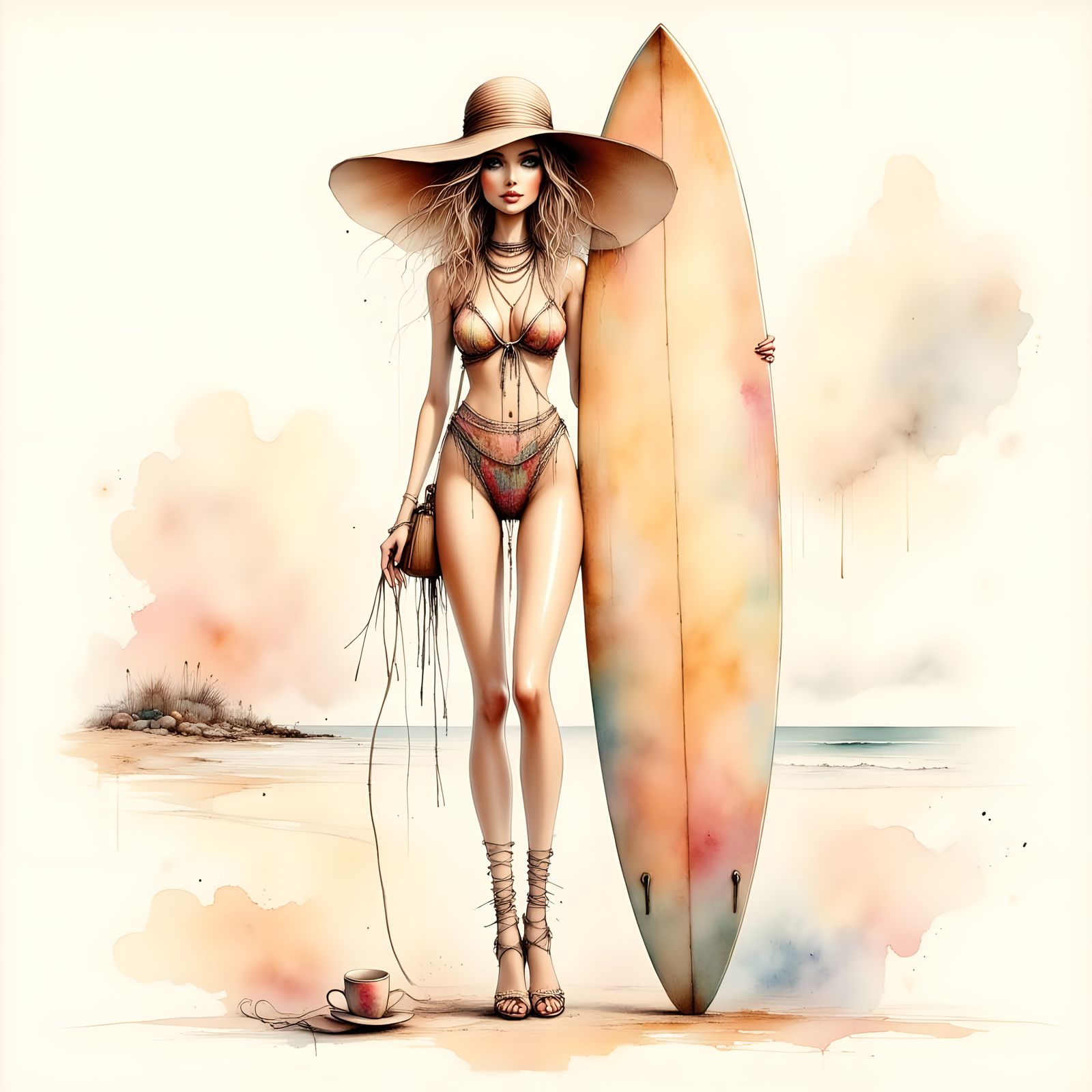 Sultry Surfer Girl in Minimalist Watercolor