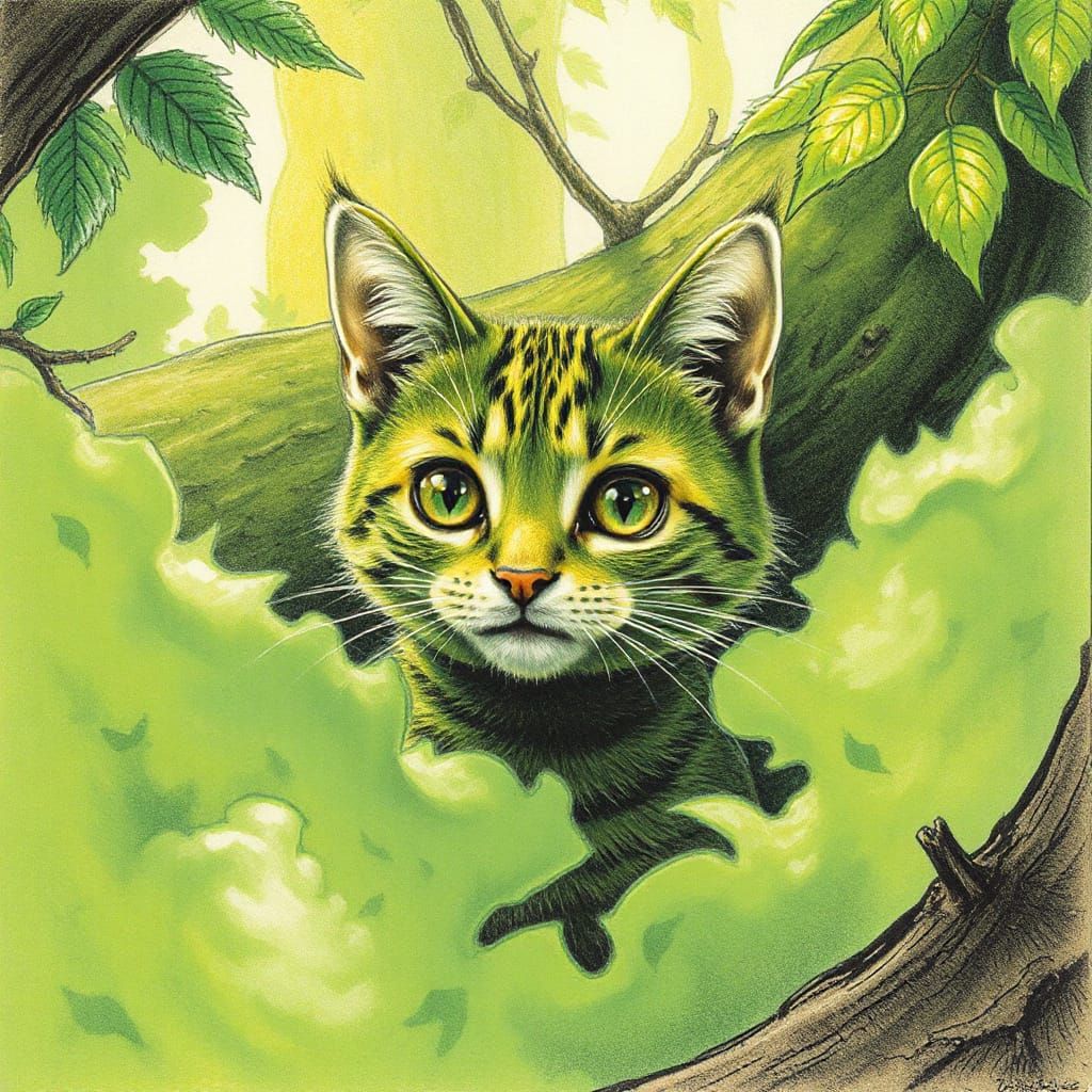 Green Cat Emerges from Mist in Color Pencil Sketch