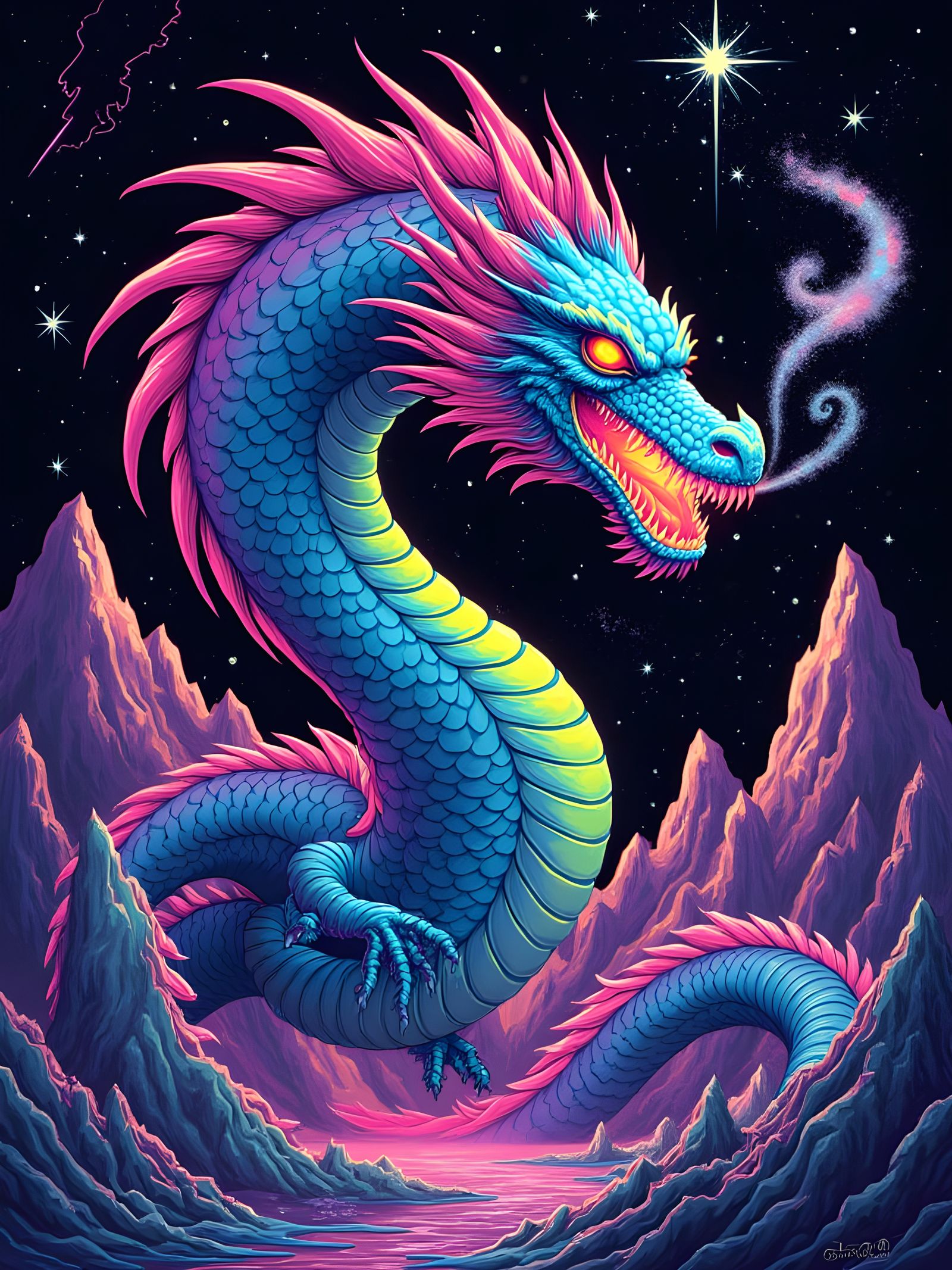 Electric Blue Dragon in Cosmic Blacklight Fantasy