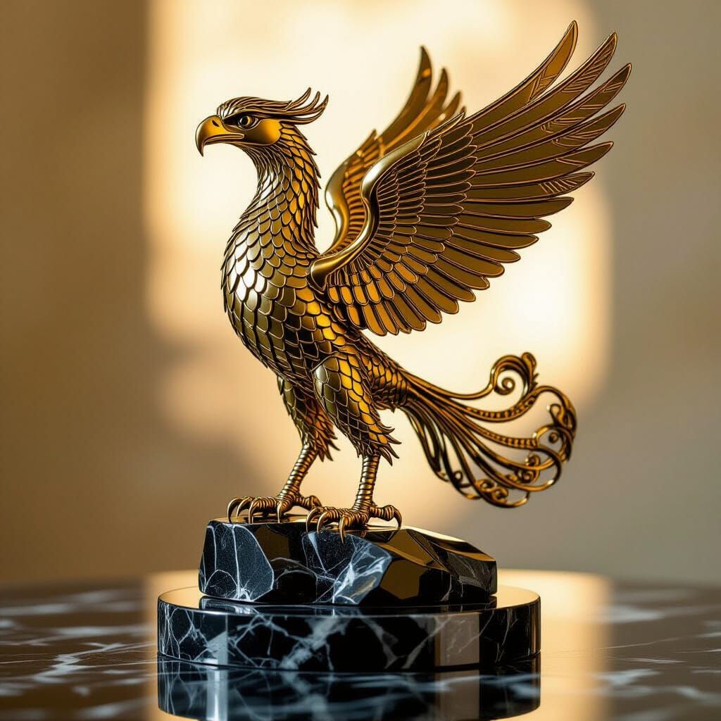 Brass Wire Griffin Sculpture on Obsidian Base