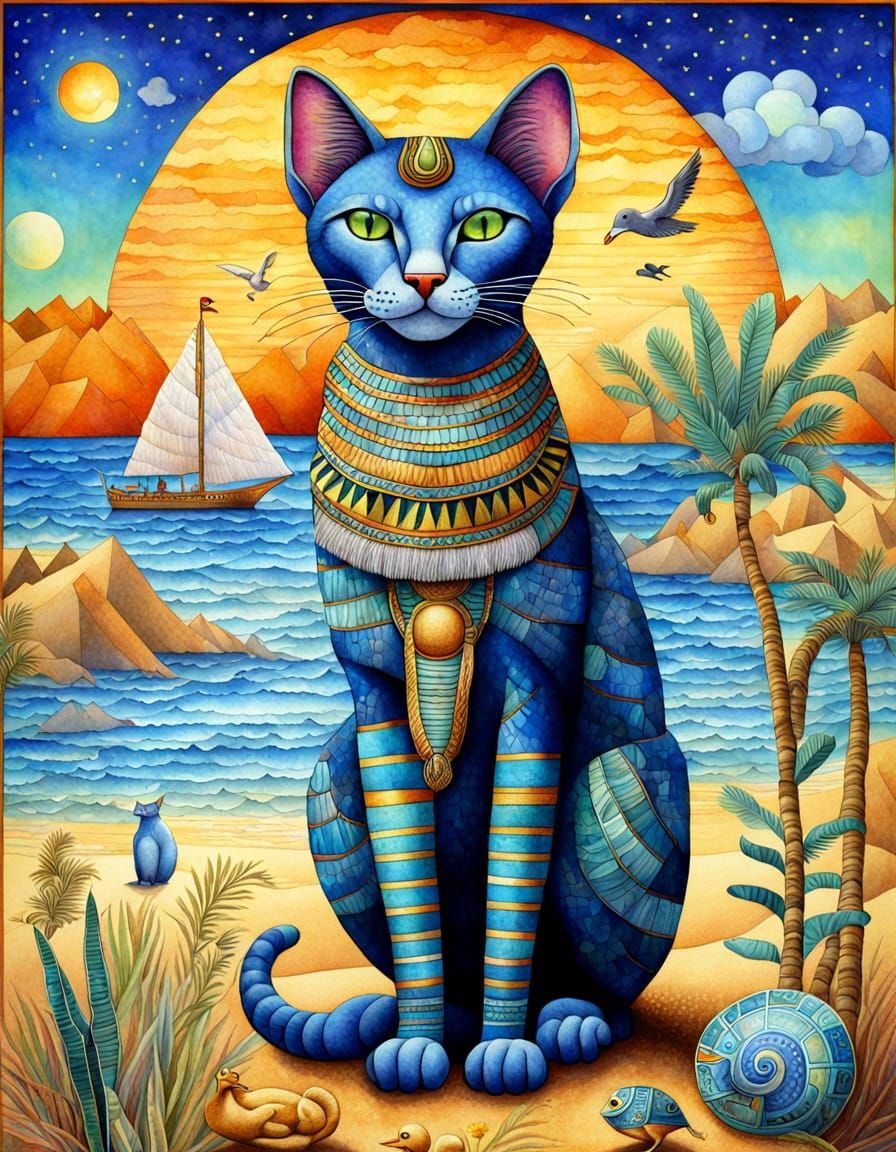 Bastet's Beach Holiday: A Surreal Watercolor