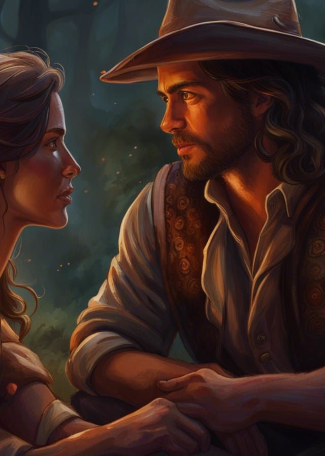 Romantic Cowboy Couple Embrace Under Starry Sky