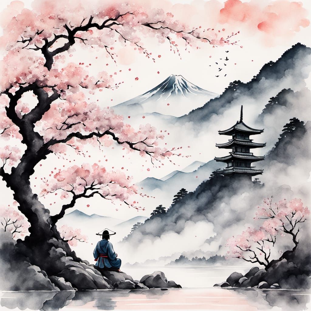 Samurai Meditation Beneath Crystalline Cherry Blossom