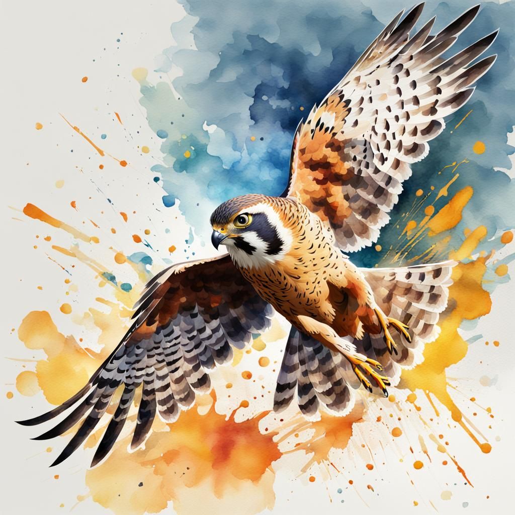 Kestrel Bird Disintegrating: Digital Watercolour Illustratio...