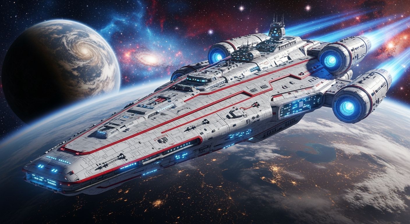 Futuristic Starship Glides Past a Vibrant Planet