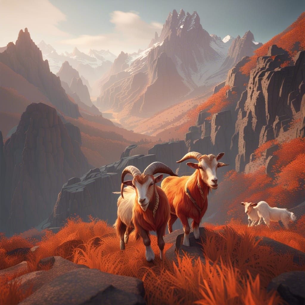 Goats in Mountainous Landscape, Digital Art