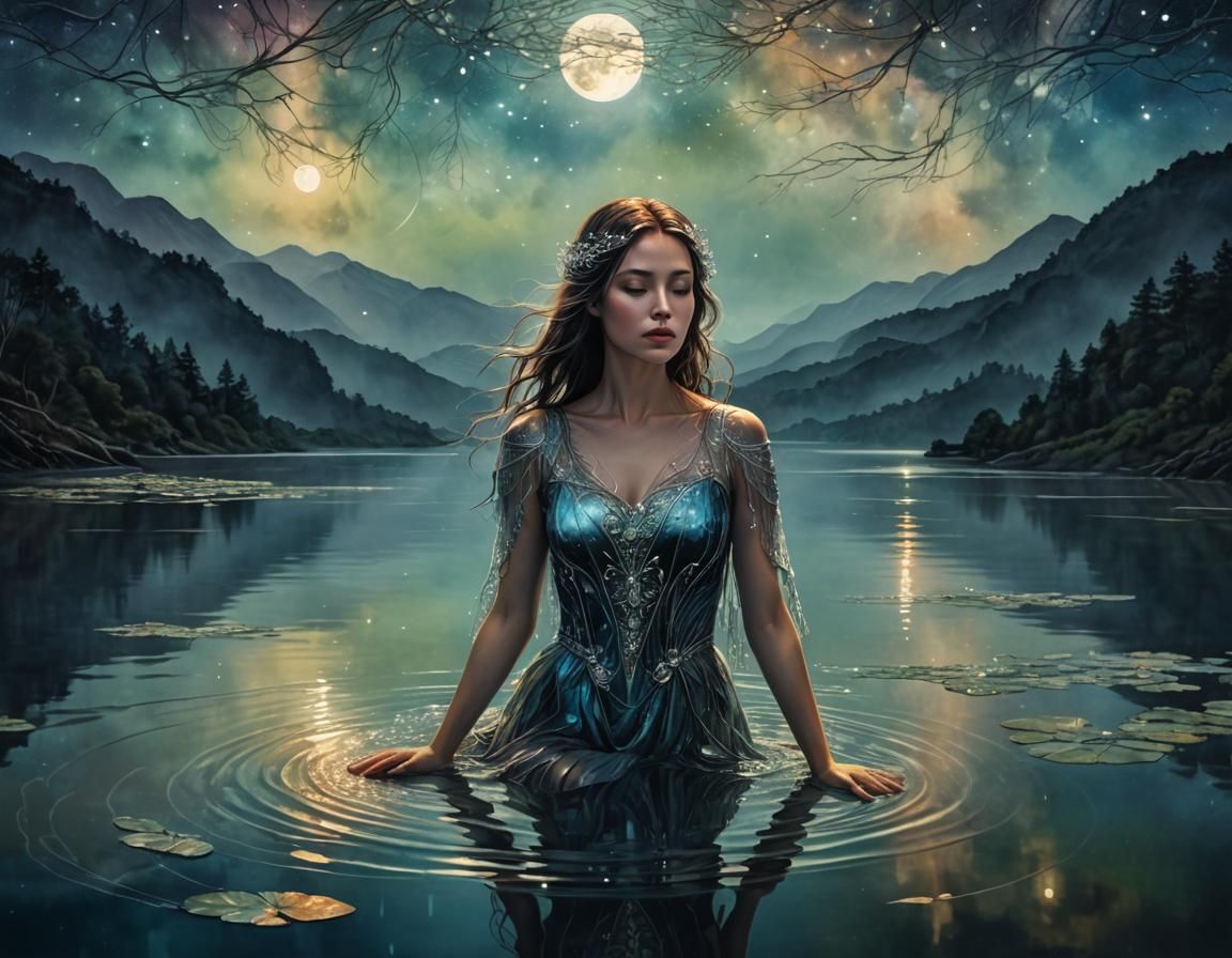 Ethereal Woman in Moonlit Lake: Surreal 3D Render