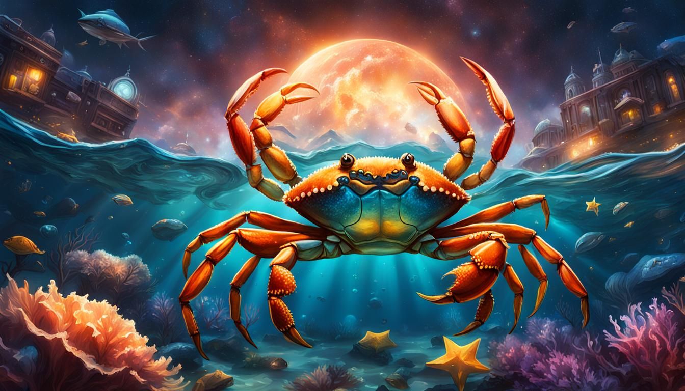 Underwater Crab City with Stars, Hyperrealistic Splash Art