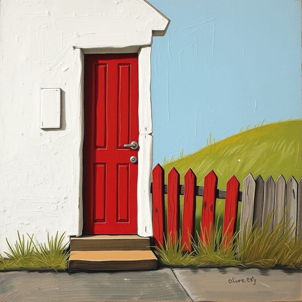 Charming Red Door Illustration in Naive Art Style