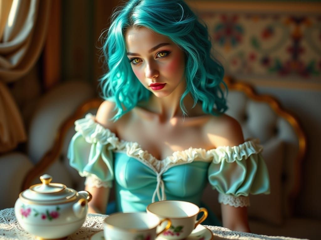 Rococo Woman with Blue Curls, Hyperrealistic Style