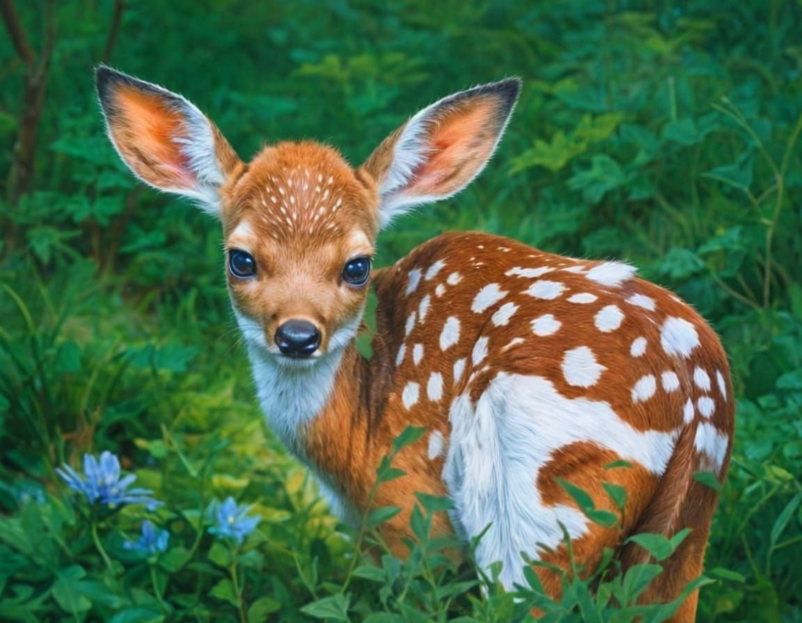 A fawn in a clearing, as a gouache art, impasto oil paint, w...