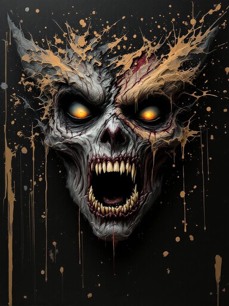 Grotesque, Macabre Demon Portrait in Dark, Impasto Style