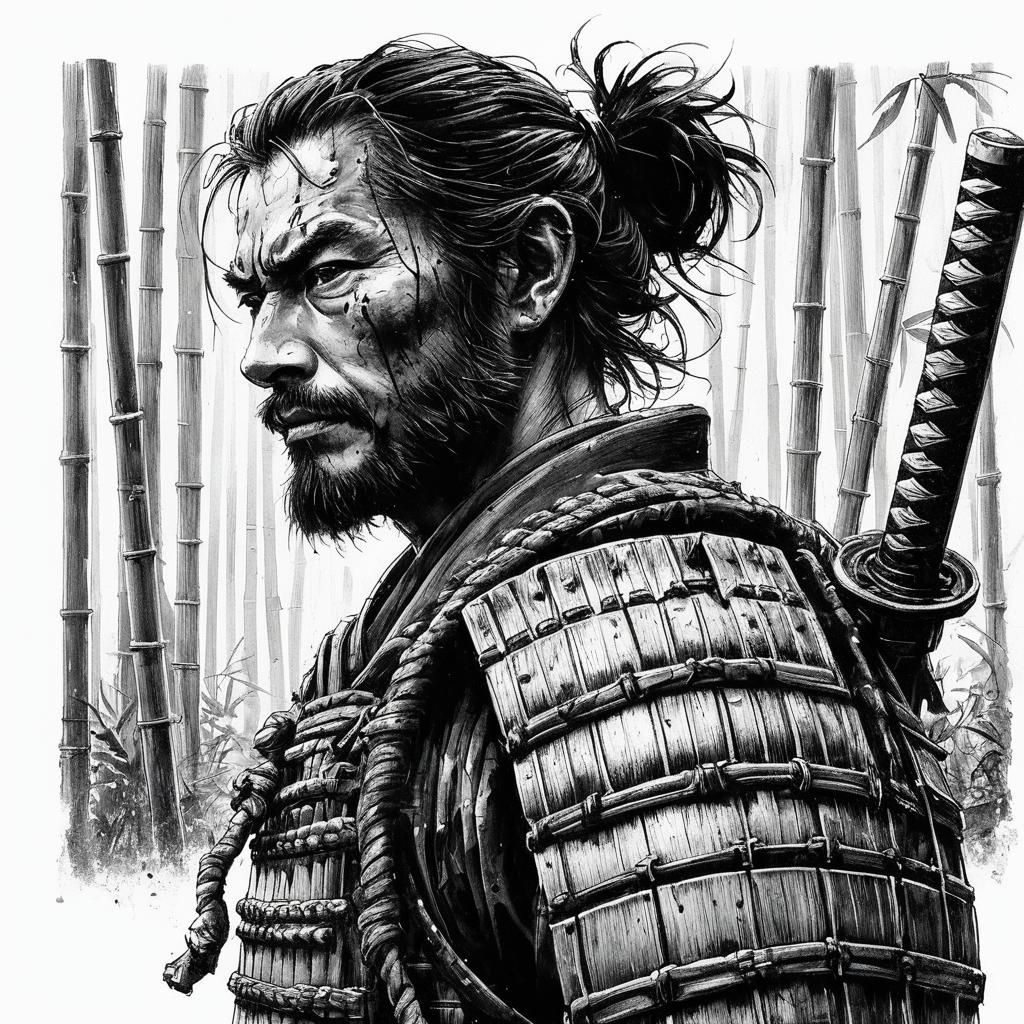 Samurai Warrior in Rain: Sumi-e Ink Painting