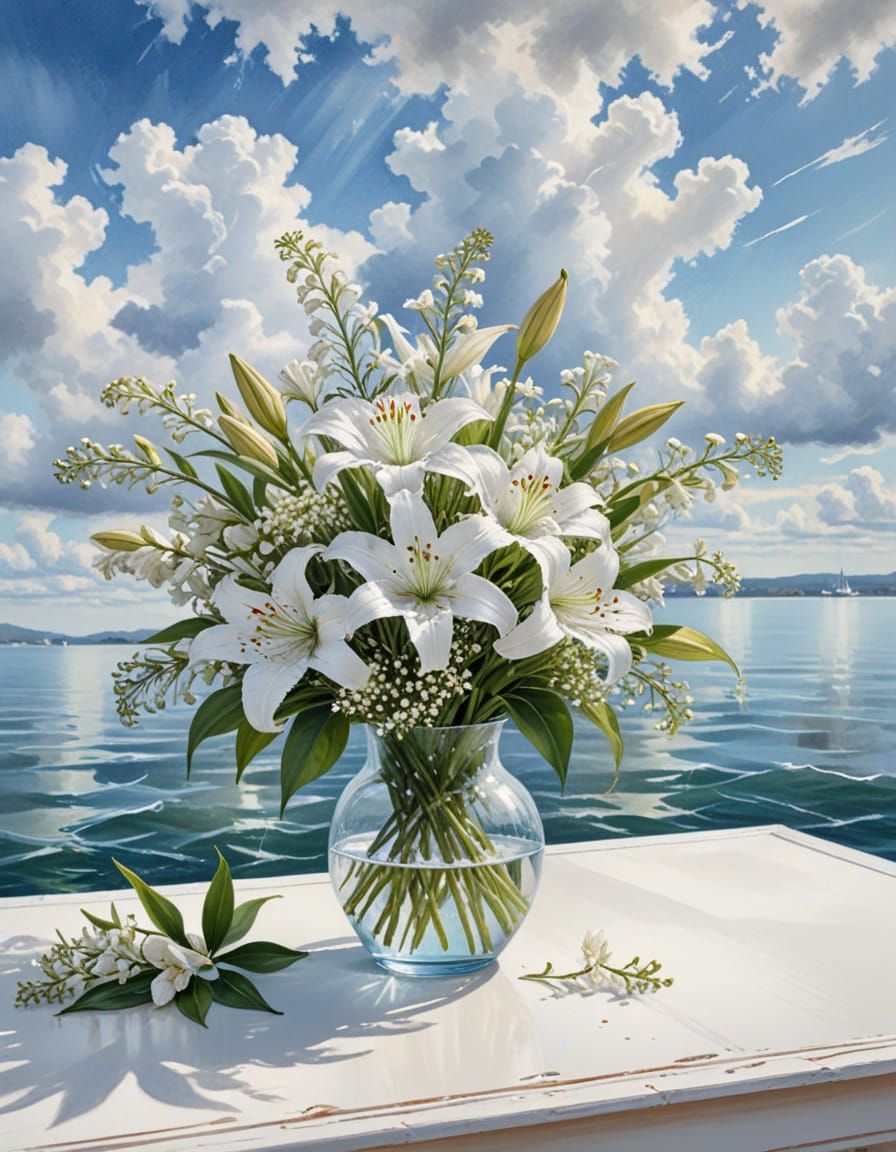 Watercolor Bouquet with Coastal View in Impasto Style