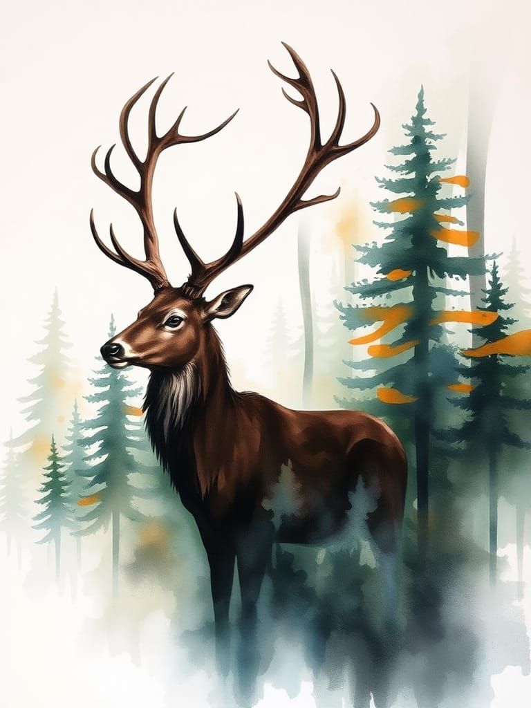 Ethereal Stag Emerges from Watercolor Forest