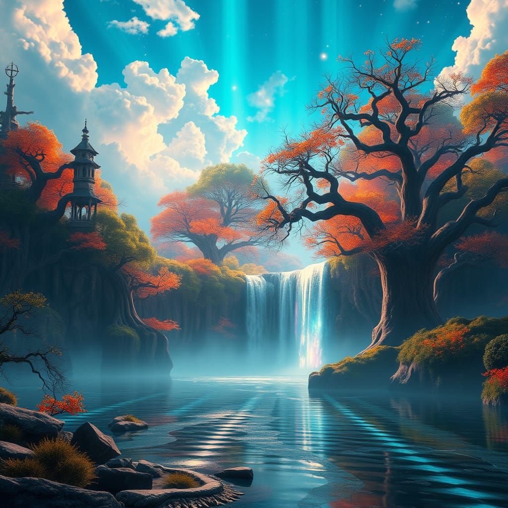 Ethereal Fantasy Realm with Iridescent Waterfall and Towerin...