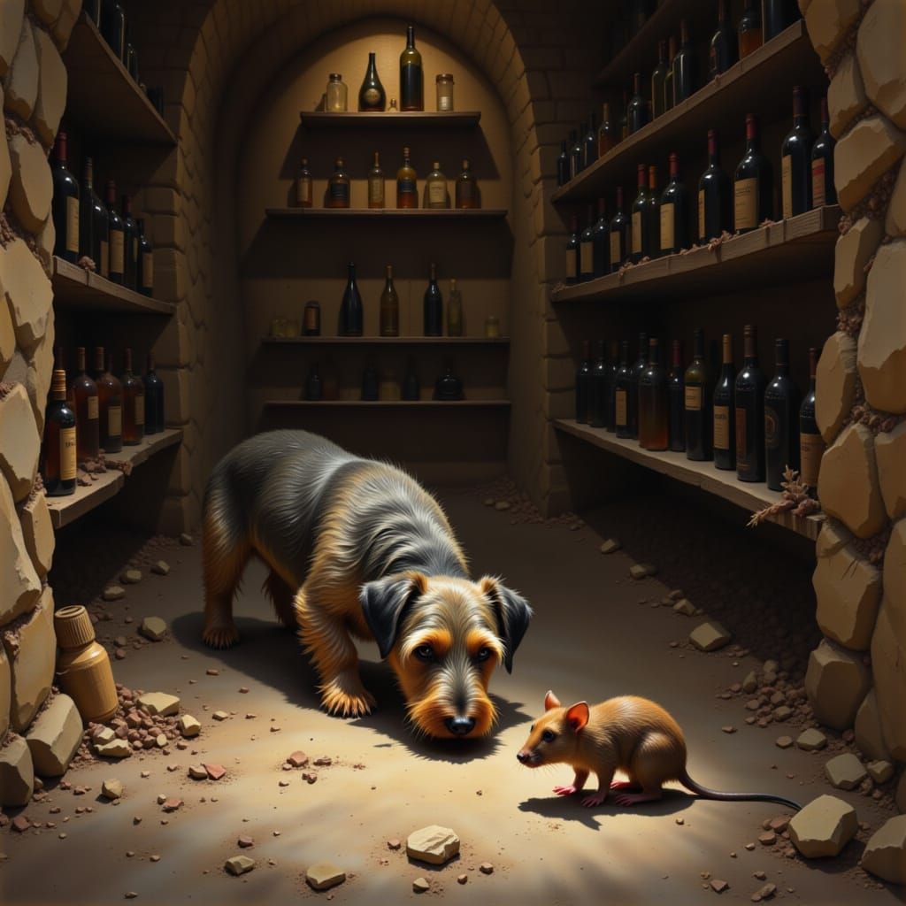 German Schnauzer Sniffing Rat in Dusty Cellar